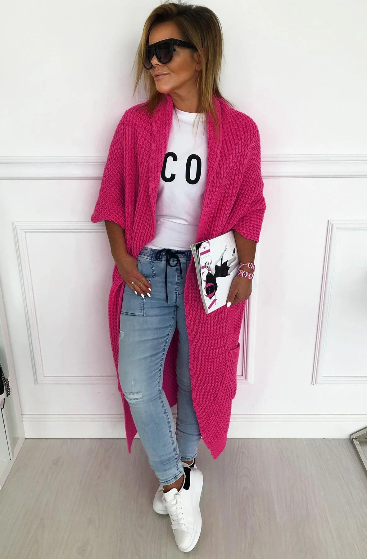 super lækker lang pink strik cardigan.