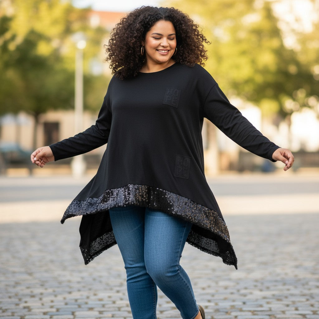 FLOT SORT TUNIKA MED PALIETTER FRA LITTLE ITALY.