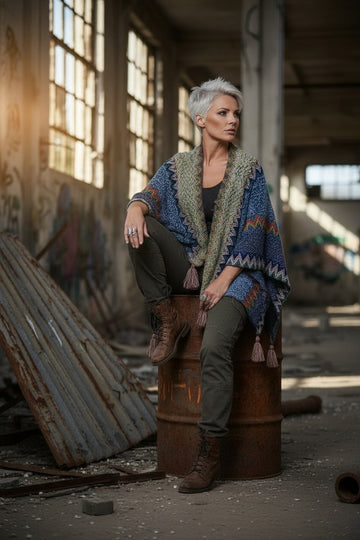 super flot strik poncho blå.