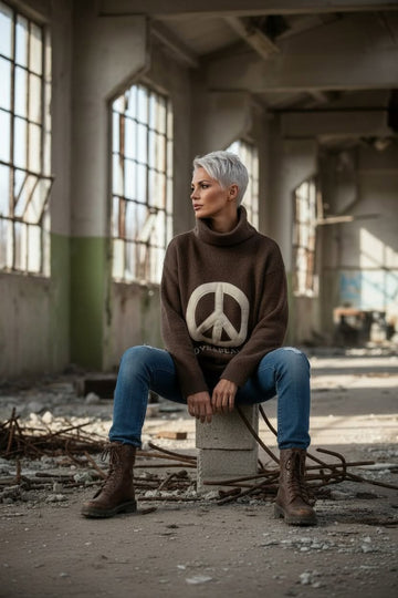 lækker blød choko sweater med peace tegn.