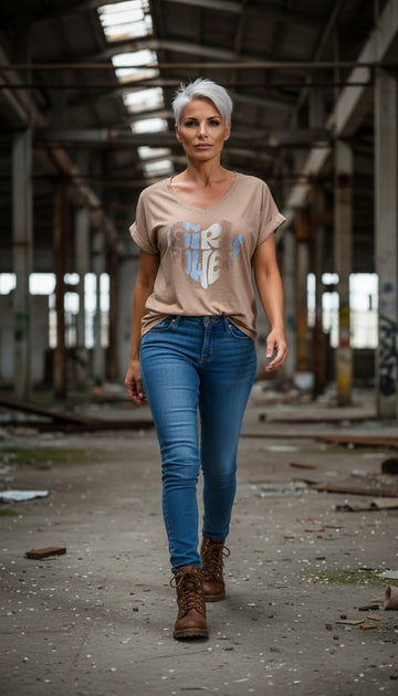 flot mørk sandfarvet efterårs t-shirt med print