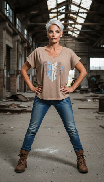 flot mørk sandfarvet efterårs t-shirt med print