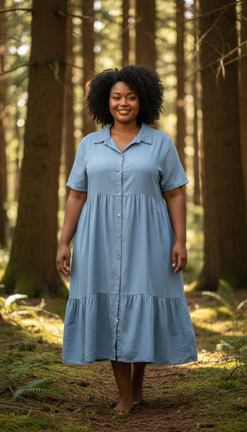 flot lyseblå denim maxi kjole