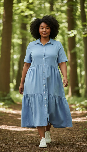 flot lyseblå denim maxi kjole