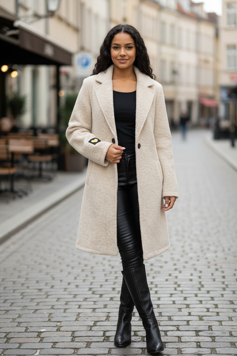 flot beige plys frakke fra damernes-magasin.online.
